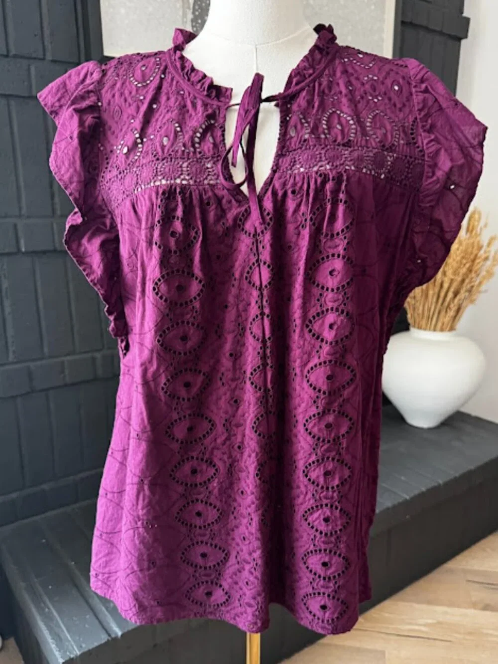 LOFT Eyelet Flutter Sleeve Blouse, Size Large *EPOC - Picture 2 of 5